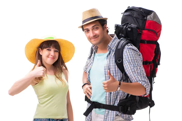 Young family preparing for vacation travel on white — Stock Photo, Image