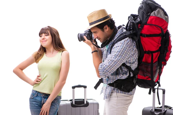 Young family preparing for vacation travel on white — Stock Photo, Image