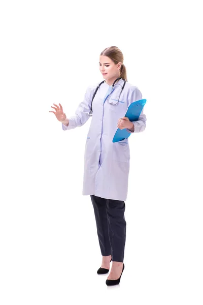 Mujer joven médico aislado sobre fondo blanco — Foto de Stock