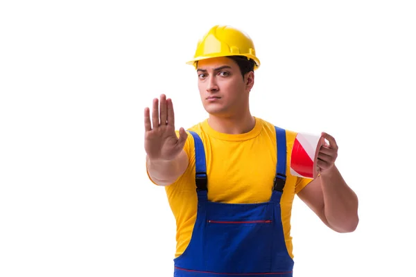 Zabawny pracownik noszący kombinezony z taśmą — Zdjęcie stockowe