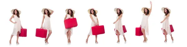 Kvinnlig resenär med resväska isolerad på vitt — Stockfoto