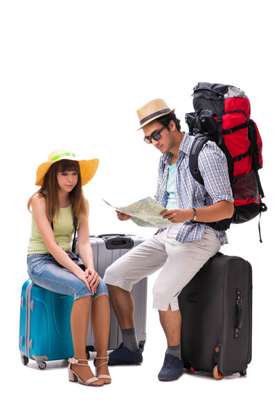 Young family preparing for vacation travel on white