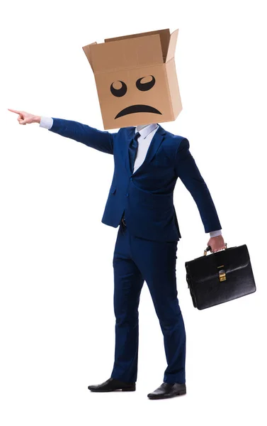 Businessman with box and unhappy face — Stock Photo, Image