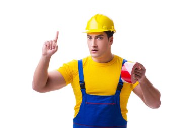 Bantlı tulum giyen komik bir işçi.