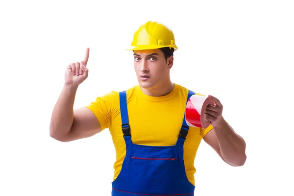 Lustige Arbeiter in Overalls mit Klebeband — Stockfoto