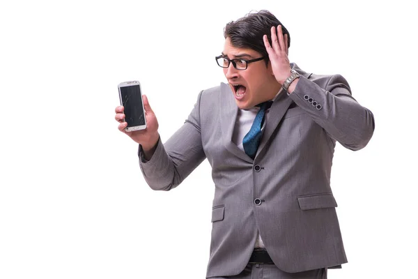 Empresário com telefone celular isolado em branco — Fotografia de Stock