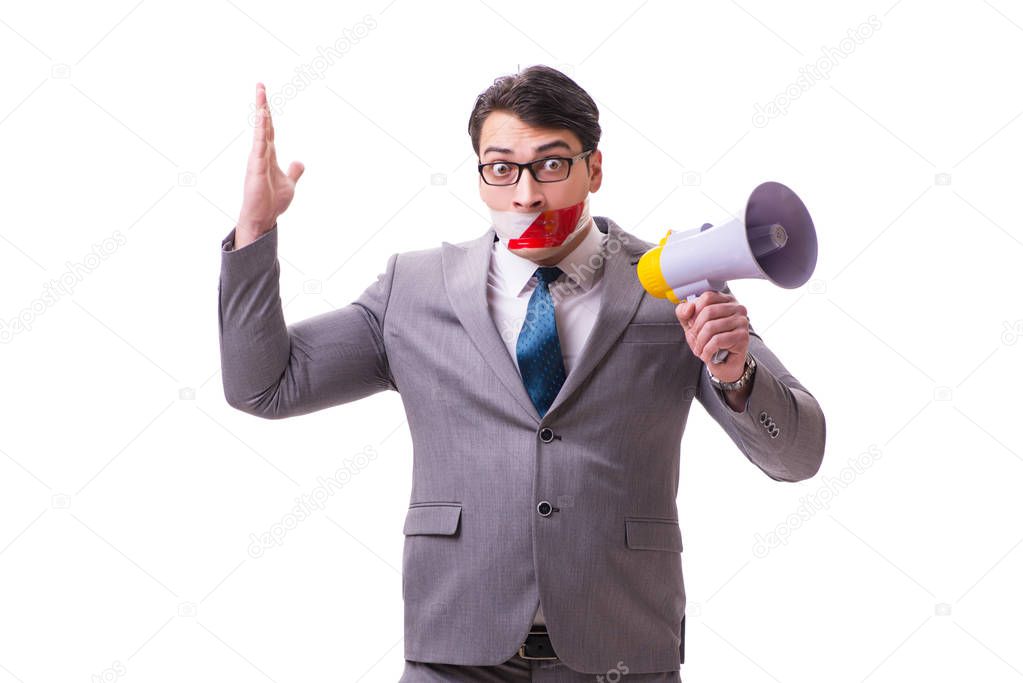 Funny businessman with loudspeaker isolated on white