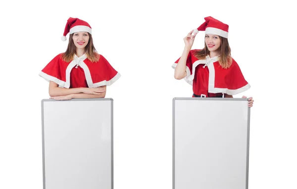 Jovem mulher no vermelho santa traje no branco — Fotografia de Stock