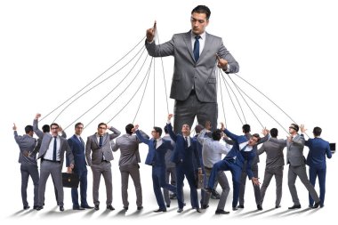 Boss employee manipulating his staff in business concept clipart