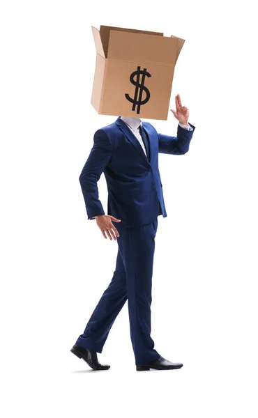 Homme d'affaires avec une boîte de dollar sur la tête — Photo