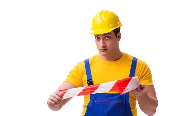 Funny worker wearing coveralls with tape — Stock Photo, Image