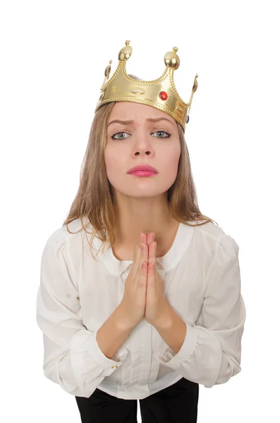 Vrouw koningin draagt kroon geïsoleerd op wit — Stockfoto