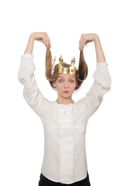 Woman queen wearing crown isolated on white — Stock Photo, Image