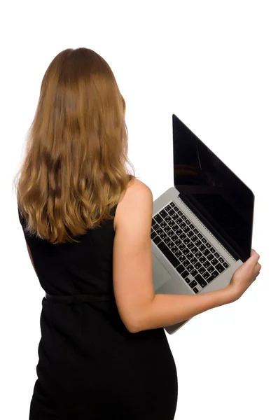 Mulher com laptop isolado no branco — Fotografia de Stock