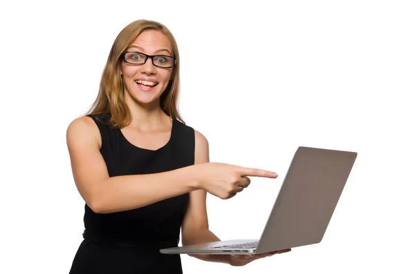 白色手提电脑隔离的妇女 — 图库照片