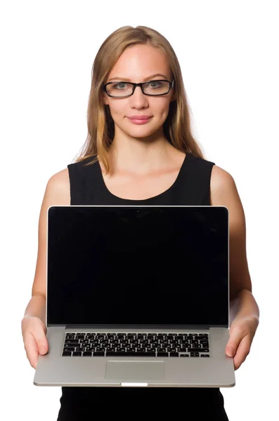 Mulher com laptop isolado no branco — Fotografia de Stock