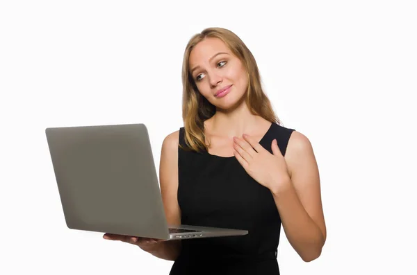 Mujer con portátil aislado en blanco — Foto de Stock