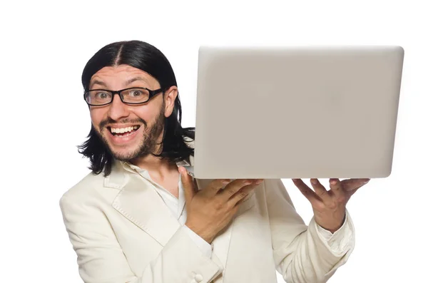 白いノートパソコンで隔離された若い男 — ストック写真