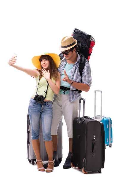 Young Family Preparing Vacation Travel White — Stock Photo, Image