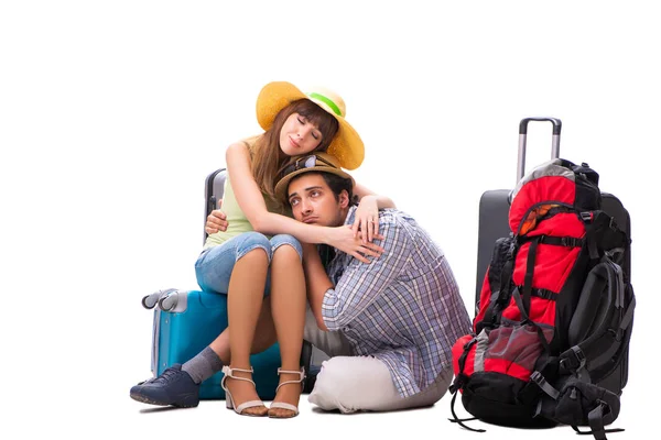 Young family preparing for vacation travel on white — Stock Photo, Image