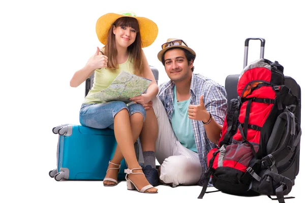 Young family preparing for vacation travel on white — Stock Photo, Image