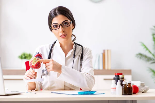 Mujer médico mostrando modelo de corazón a los estudiantes — Foto de Stock