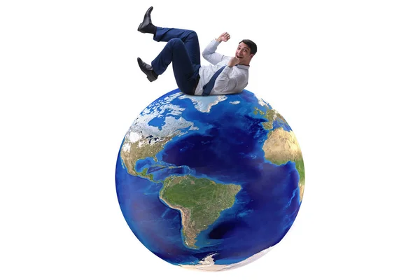 Empresário no conceito de globalização com a terra no branco — Fotografia de Stock