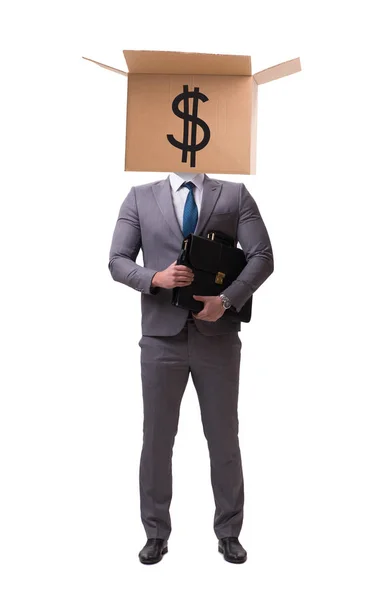 Бизнесмен с долларовой коробкой на голове — стоковое фото