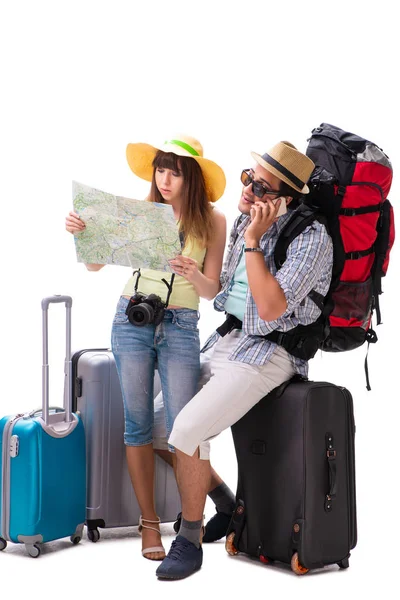 Young family preparing for vacation travel on white — Stock Photo, Image