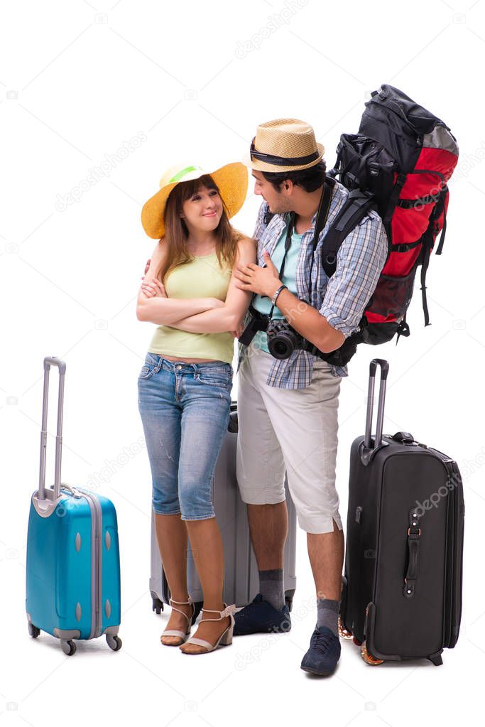 Young family preparing for vacation travel on white