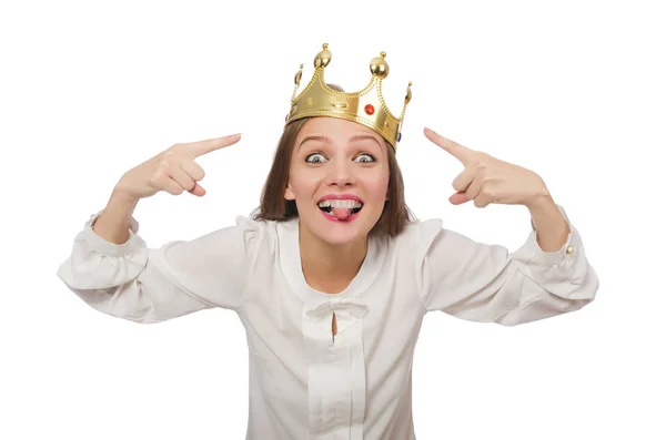 Woman queen wearing crown isolated on white — Stock Photo, Image