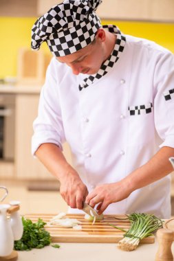 Genç profesyonel aşçı mutfakta salata hazırlıyor.