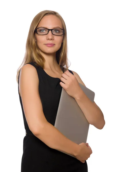 Vrouw met laptop geïsoleerd op wit — Stockfoto