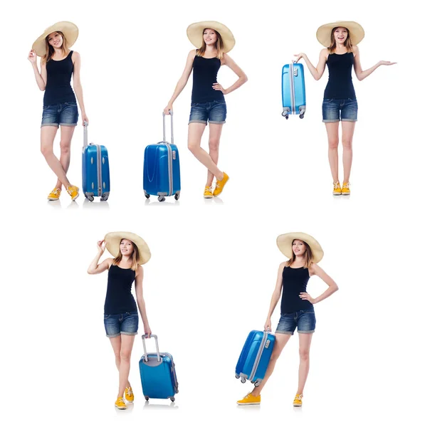 Nainen, jolla on matkalaukut valmistautumassa kesälomaan — kuvapankkivalokuva