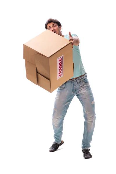 Junger schöner Mann mit fragiler Schachtel bestellt im Internet — Stockfoto