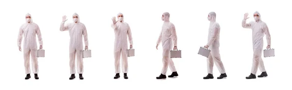 Criminologista em terno protetor com caixa de aço — Fotografia de Stock
