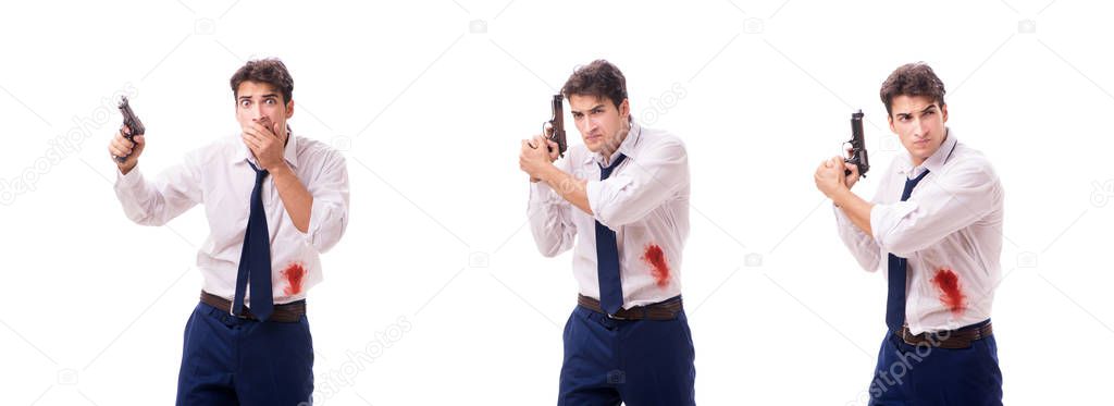 Businessman wounded in gun fight isolated on white