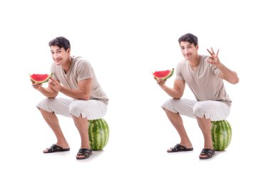 Karpuzlu genç adam beyazda izole edilmiş.