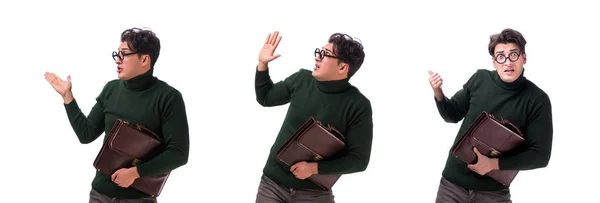 Nerd-Geschäftsmann mit Aktentasche isoliert auf weiß — Stockfoto