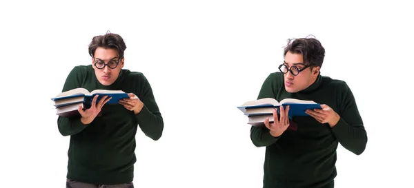 Jovem Estudante Nerd Com Livros Isolados Branco — Fotografia de Stock
