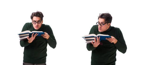 Nerd Giovane Studente Con Libri Isolati Bianco — Foto Stock