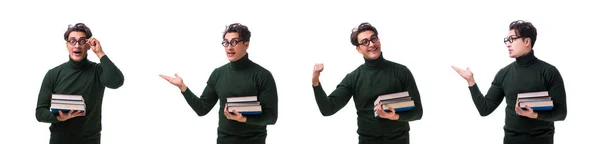 Nerd jeune étudiant avec des livres isolés sur blanc — Photo