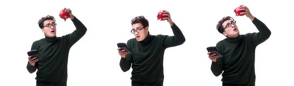 Nerd joven con piggybank aislado en blanco — Foto de Stock