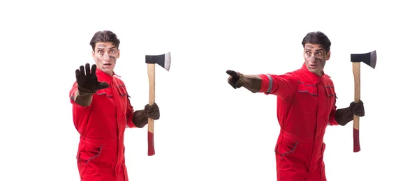 Contractor employee with axe on white background — Stock Photo, Image