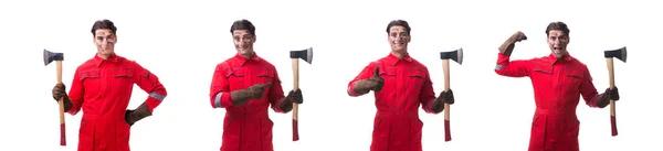 Contractor employee with axe on white background — Stock Photo, Image