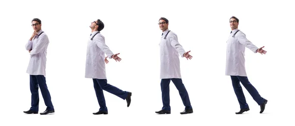 白い背中に隔離された歩行立っている若い医師 — ストック写真