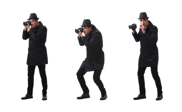 Spy s fotoaparátem fotografování izolované na bílém — Stock fotografie