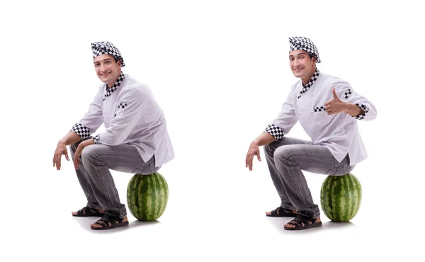 Jovem cozinheiro masculino com melancia isolada em branco — Fotografia de Stock