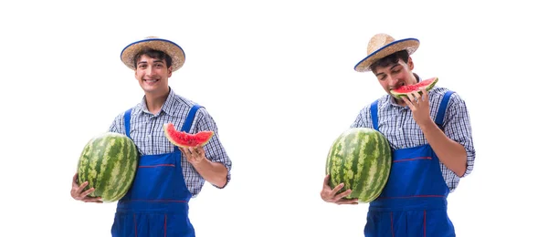 Jovem agricultor com melancia isolada em branco — Fotografia de Stock