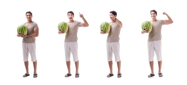 Young man with watermelon isolated on white — Stock Photo, Image